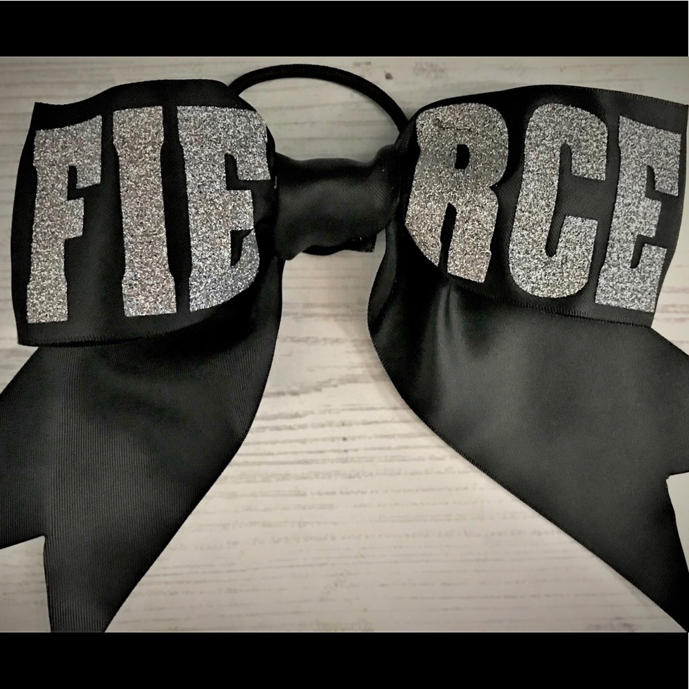 Cheer Bow - Black satin “ FIERCE”